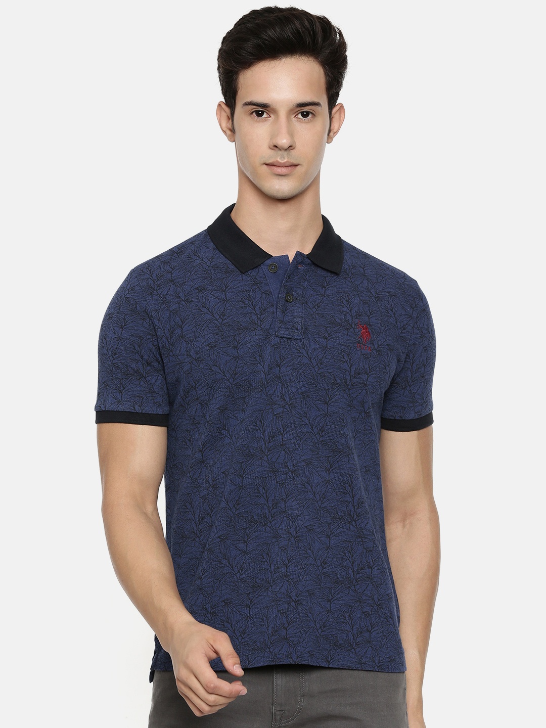 

U.S. Polo Assn. Men Navy Blue Printed Slim Fit Polo Collar Pure Cotton T-shirt