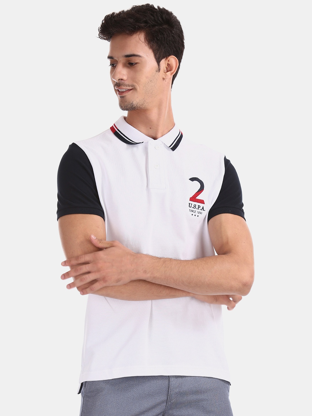 

U.S. Polo Assn. Men White Solid Polo Collar Pure Cotton T-shirt