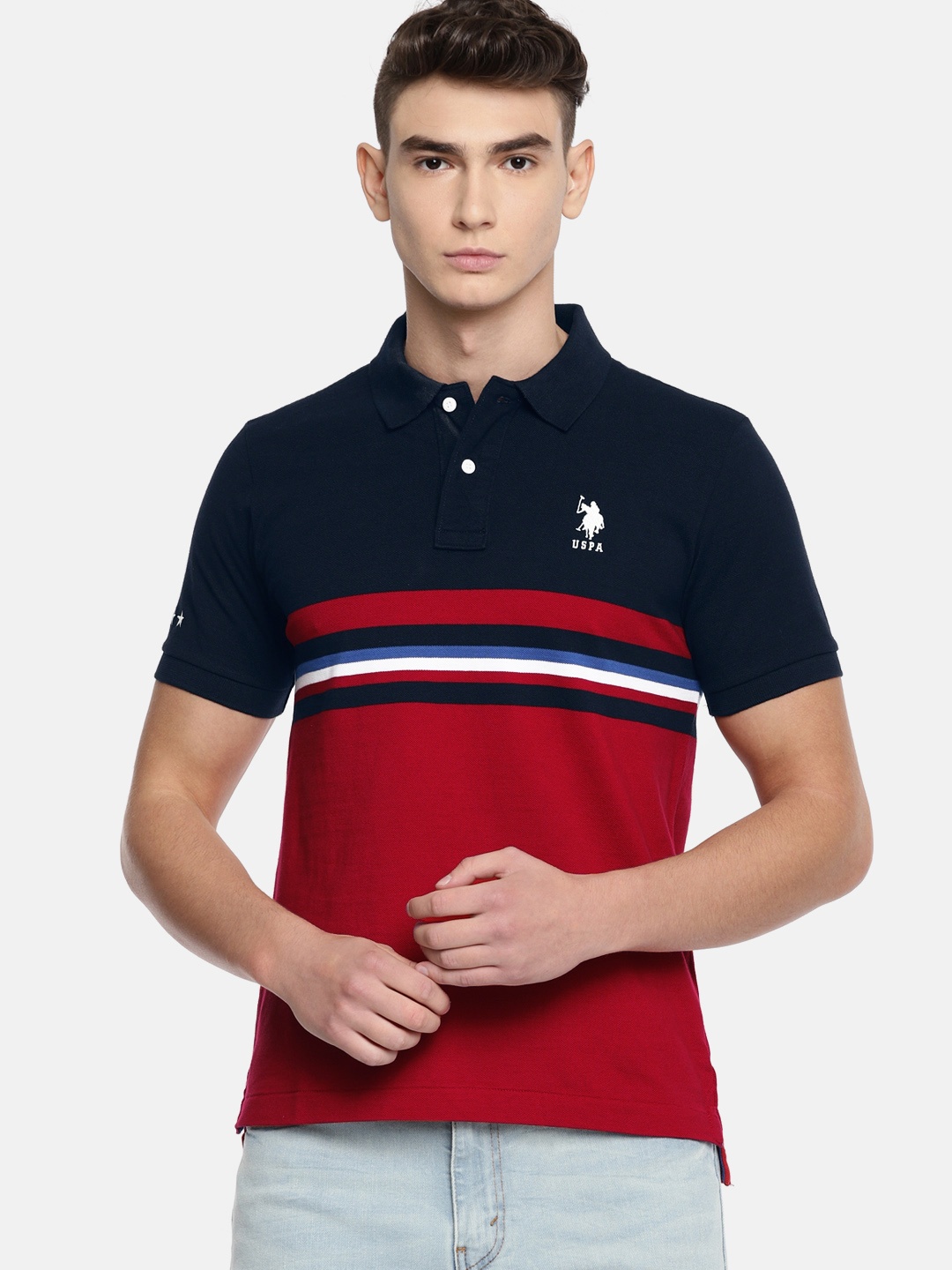 

U.S. Polo Assn. Men Red Navy Blue Colourblocked Polo Collar Pure Cotton T-shirt
