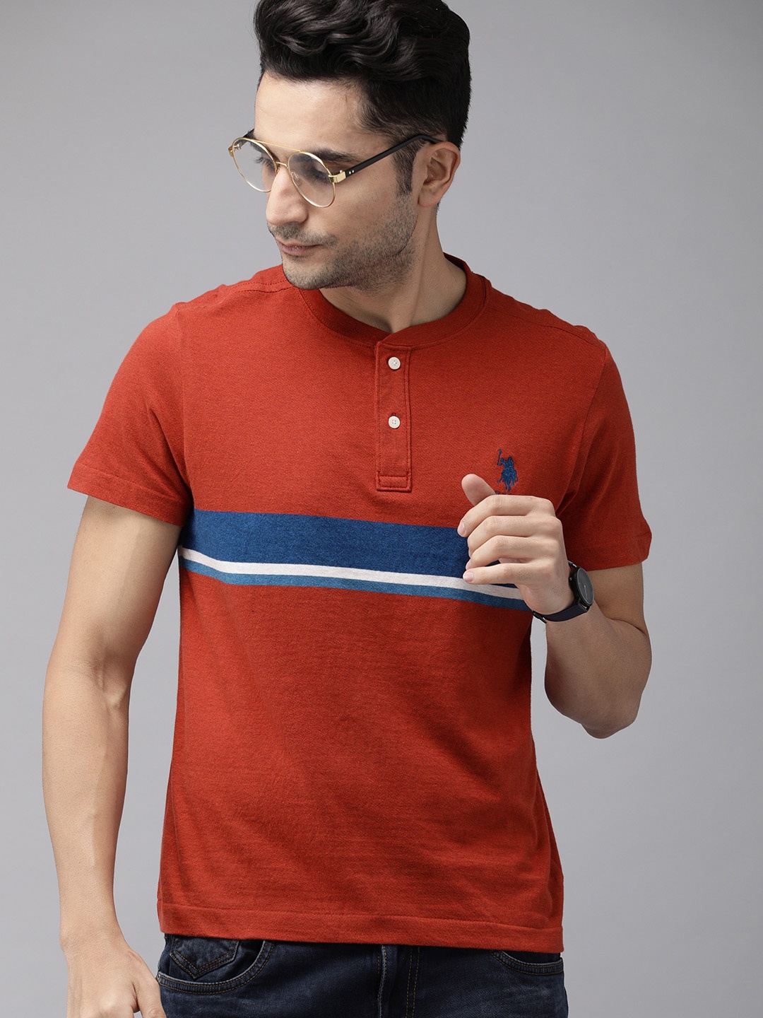 

U.S. Polo Assn. Men Rust Red Striped Henley Neck Pure Cotton T-shirt