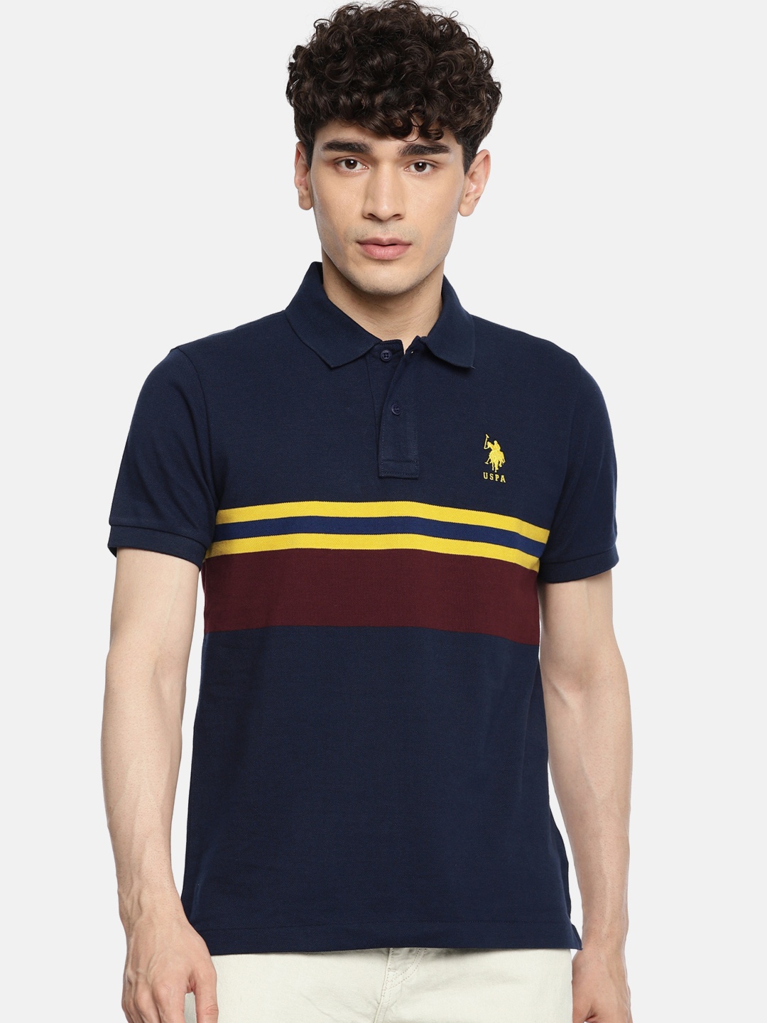 

U.S. Polo Assn. Men Navy Blue Maroon Colourblocked Polo Collar Pure Cotton T-shirt