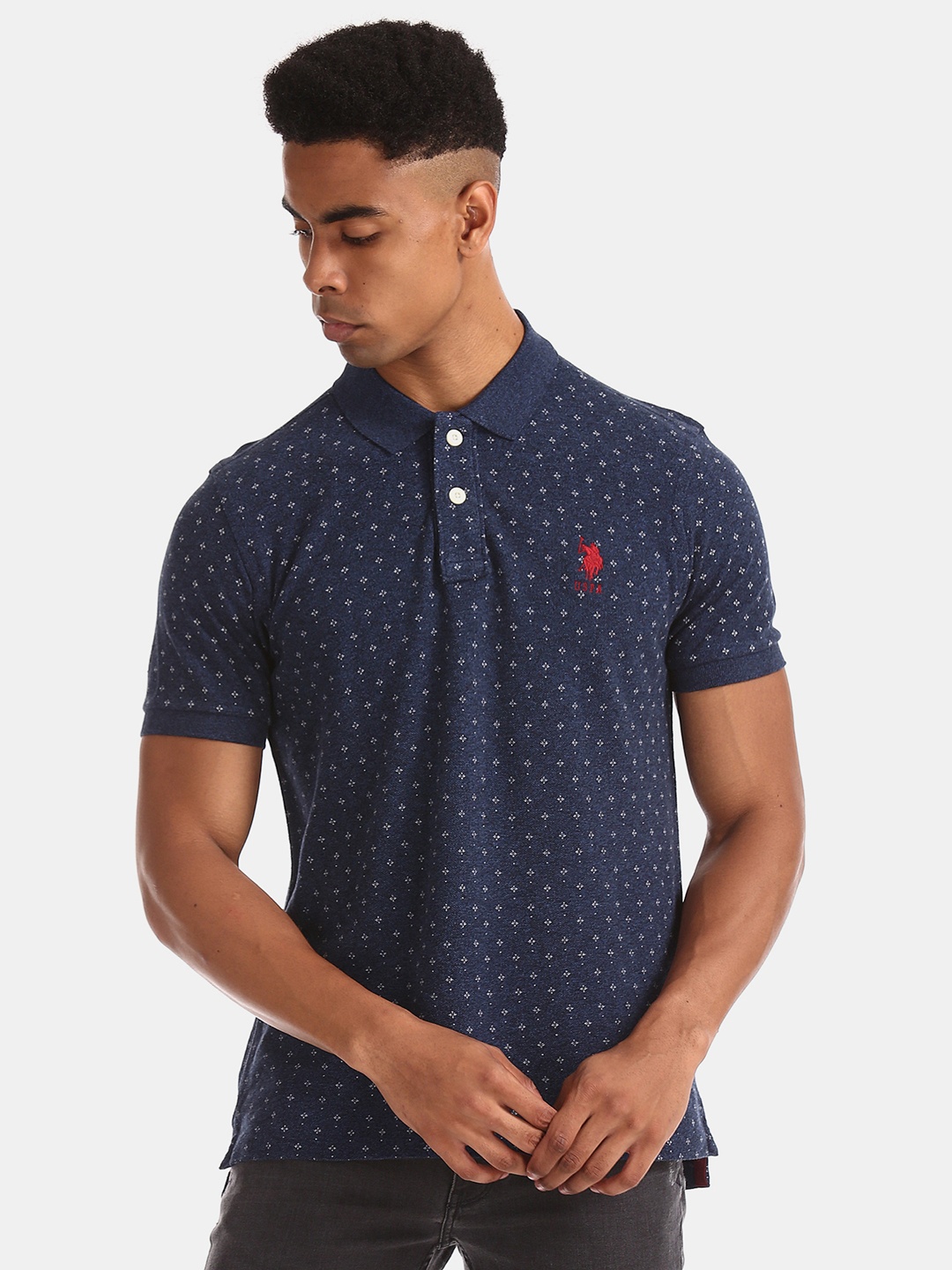 

U.S. Polo Assn. Men Blue Printed Polo Collar Pure Cotton T-shirt