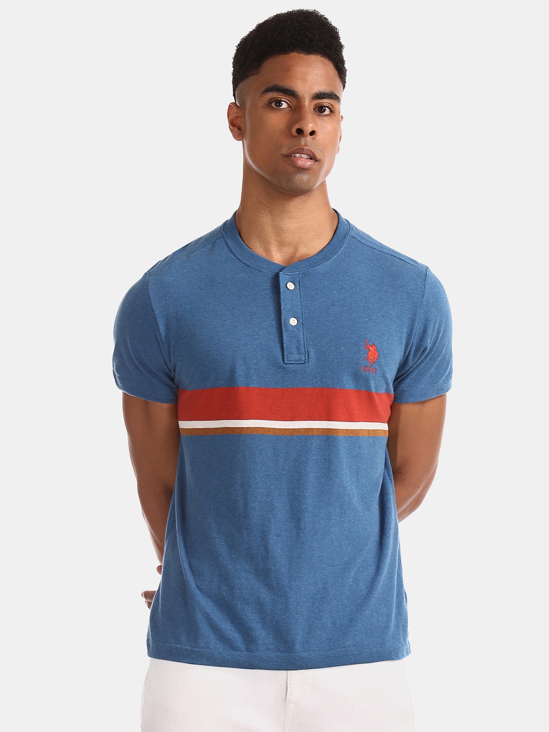 

U.S. Polo Assn. Men Blue Striped Slim Fit Henley Neck T-shirt