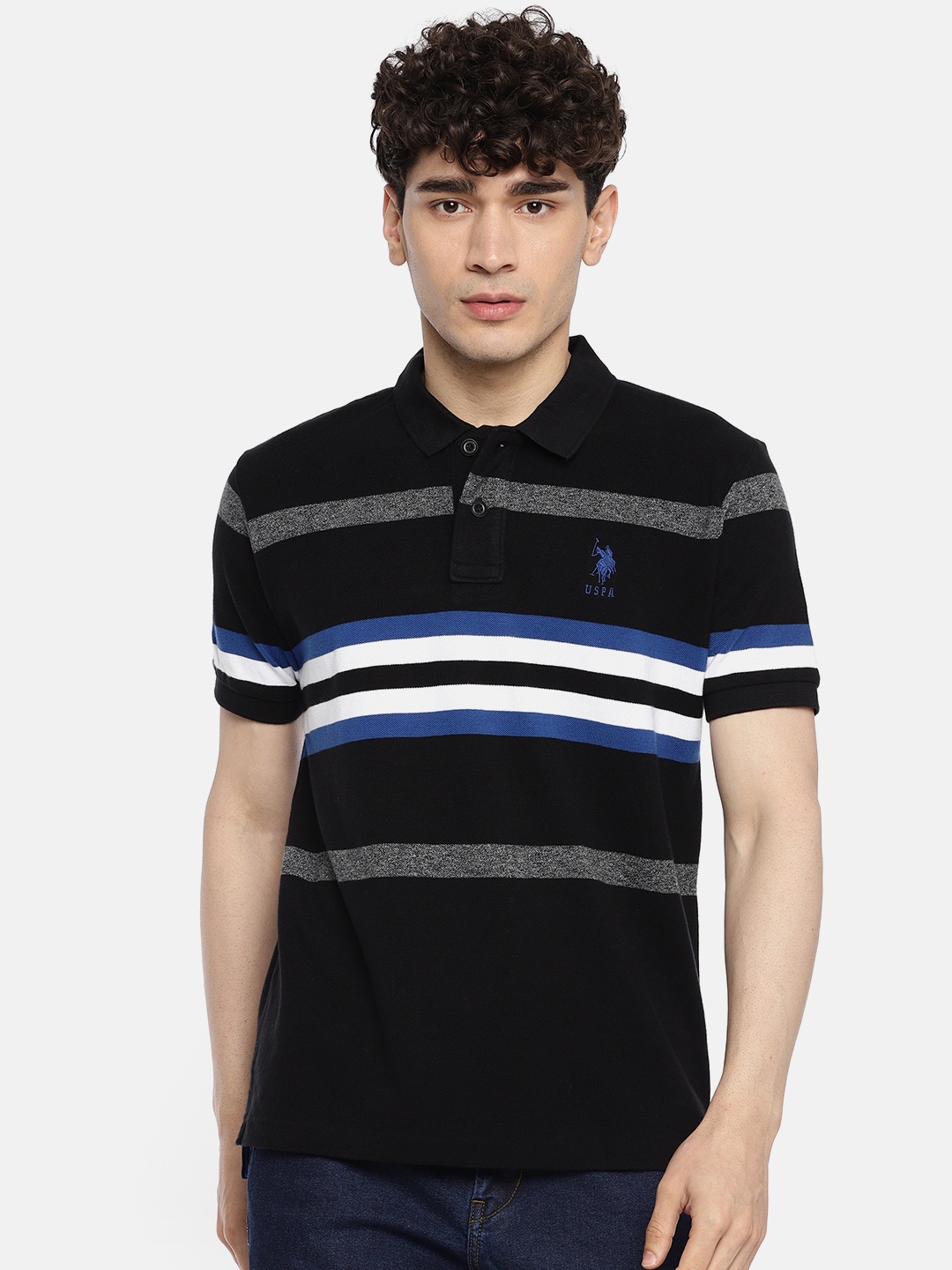 

U.S. Polo Assn. Men Black White Striped Polo Collar Pure Cotton T-shirt