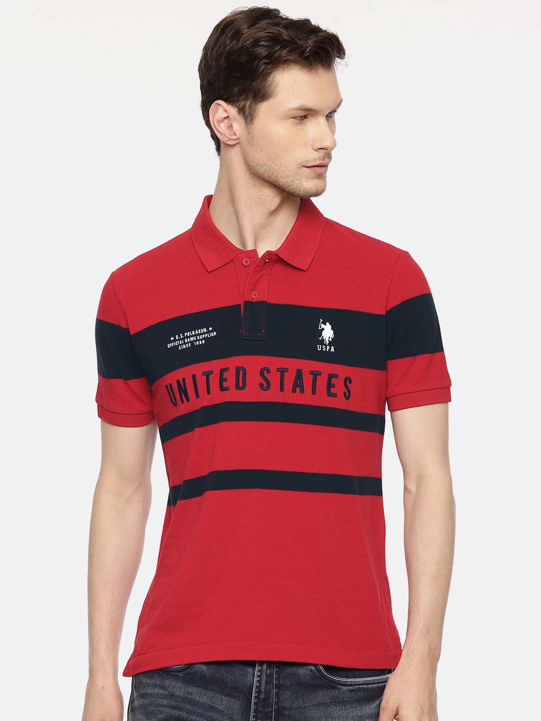 

U.S. Polo Assn. Men Red Navy Blue Slim Fit Striped Polo Collar Pure Cotton T-shirt
