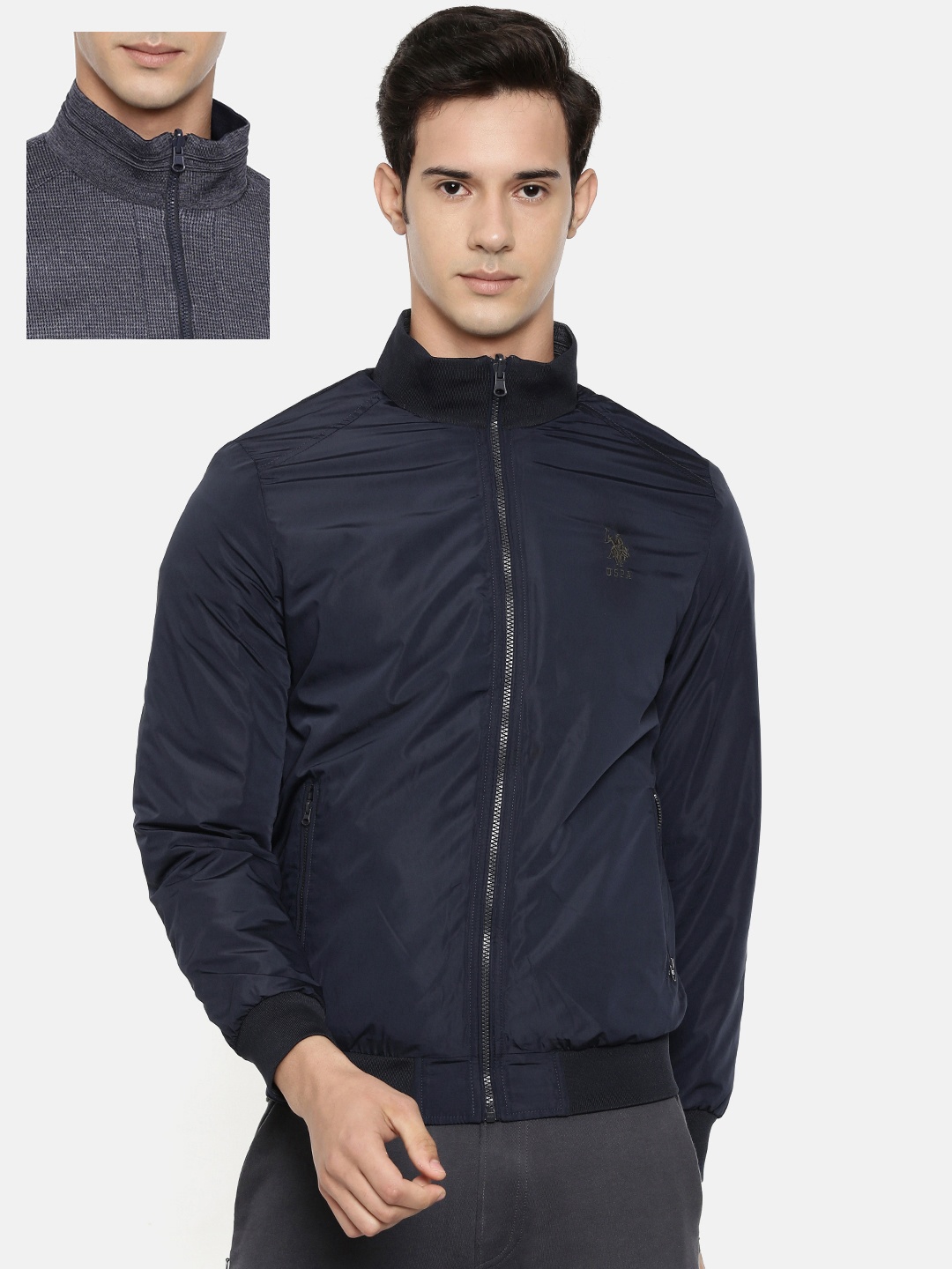 

U.S. Polo Assn. Men Navy Blue Solid Reversible Bomber Jacket