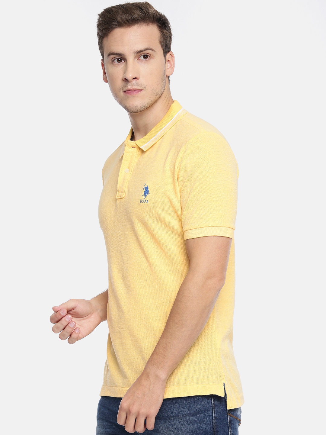 

U.S. Polo Assn. Men Yellow Solid Slim Fit Polo Collar Pure Cotton T-shirt