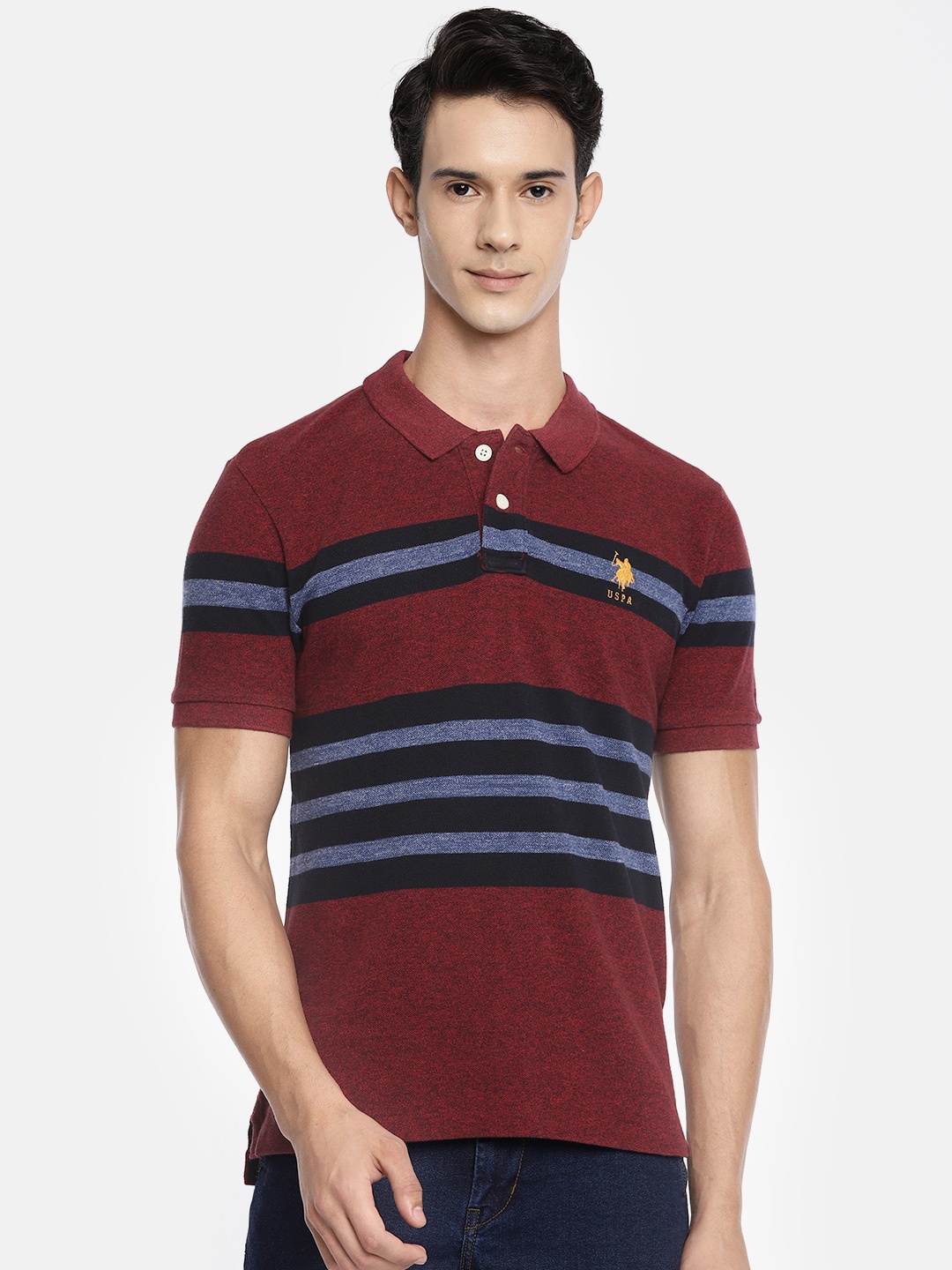 

U.S. Polo Assn. Men Red & Navy Blue Striped Polo Collar T-shirt