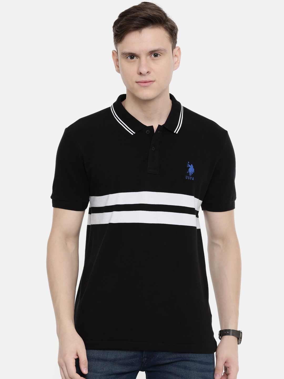 

U.S. Polo Assn. Men Black & White Striped Polo Collar T-shirt