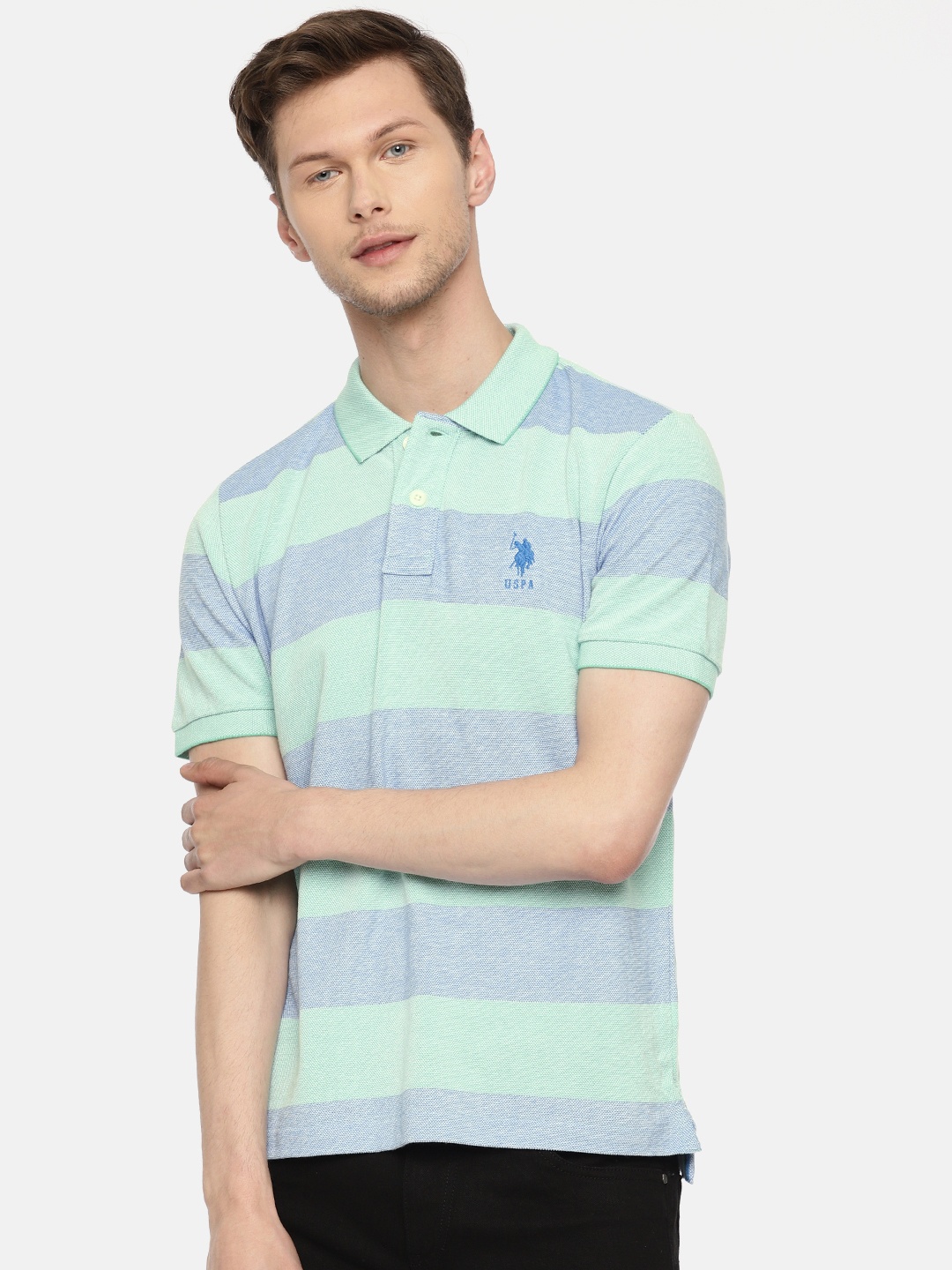 

U.S. Polo Assn. Men Green Blue Slim Fit Striped Polo Collar Pure Cotton T-shirt