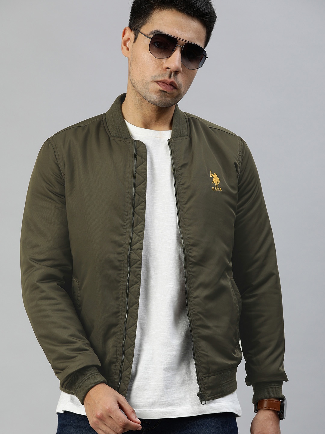 

U.S. Polo Assn. Men Olive Green Solid Bomber Jacket