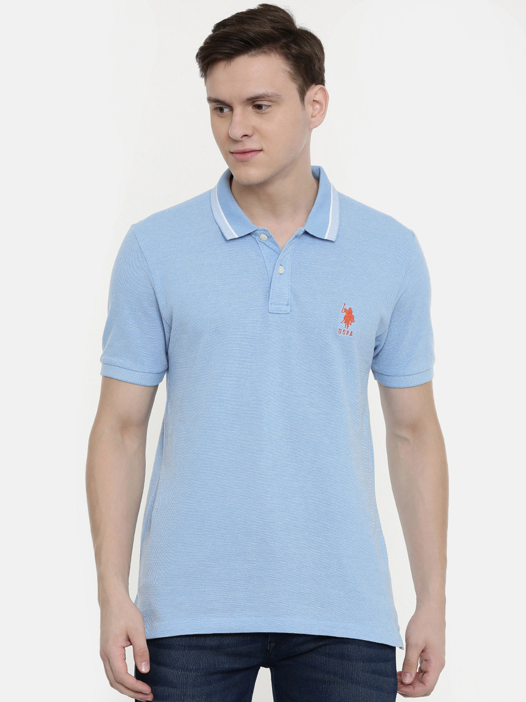 

U.S. Polo Assn. Men Blue Solid Polo Collar Pure Cotton T-shirt