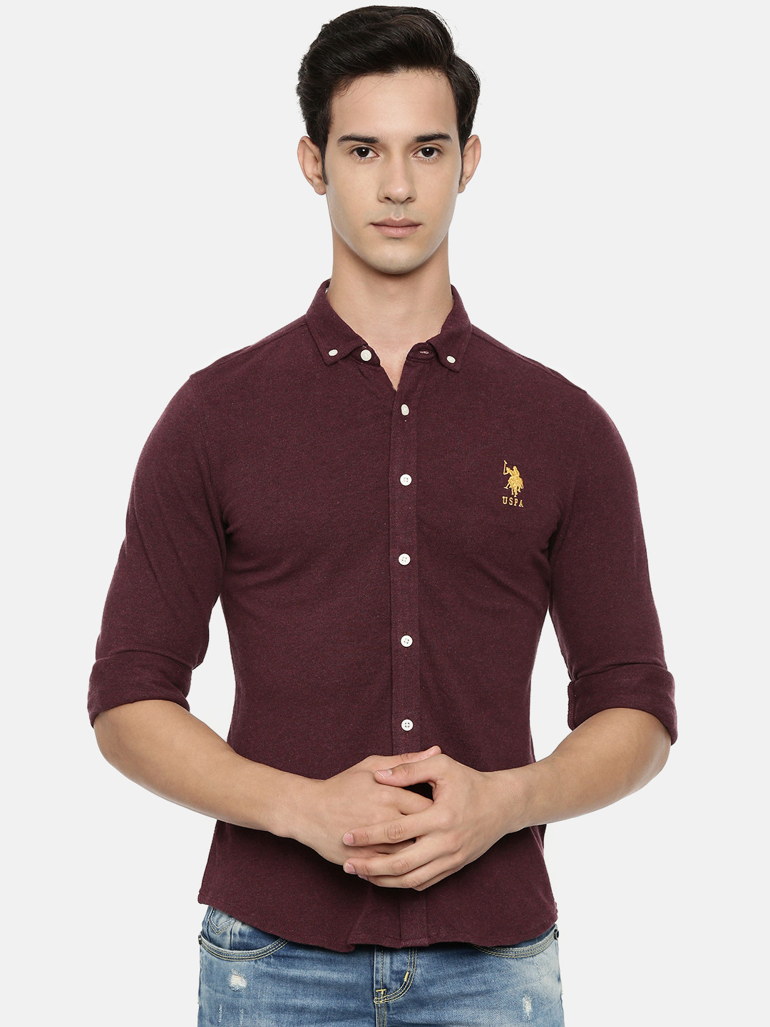 

U.S. Polo Assn. Men Burgundy Regular Fit Solid Knitted Casual Shirt