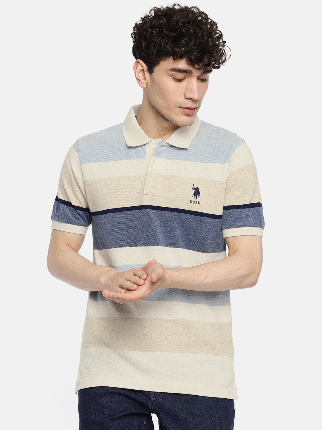 

U.S. Polo Assn. Men Cream Blue Striped Polo Collar Pure Cotton T-shirt