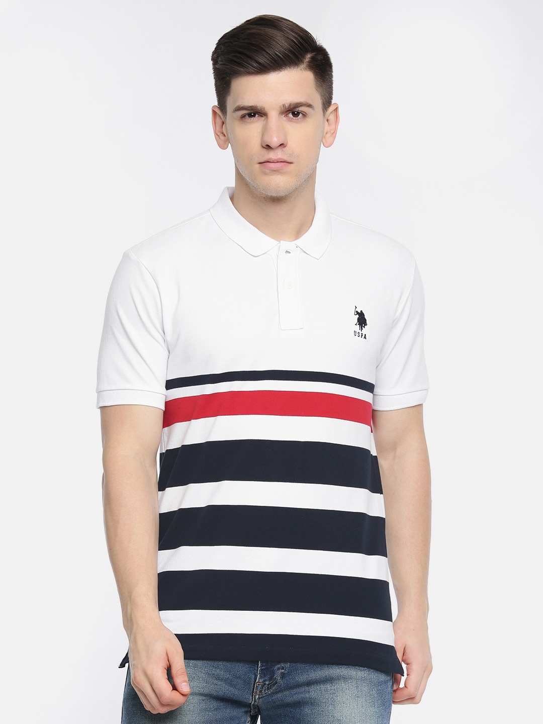 

U.S. Polo Assn. Men White & Navy Blue Striped Slim Fit Polo Collar T-shirt