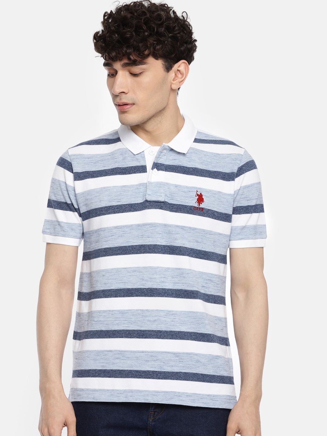 

U.S. Polo Assn. Men White Blue Striped Slim Fit Polo Collar Pure Cotton T-shirt