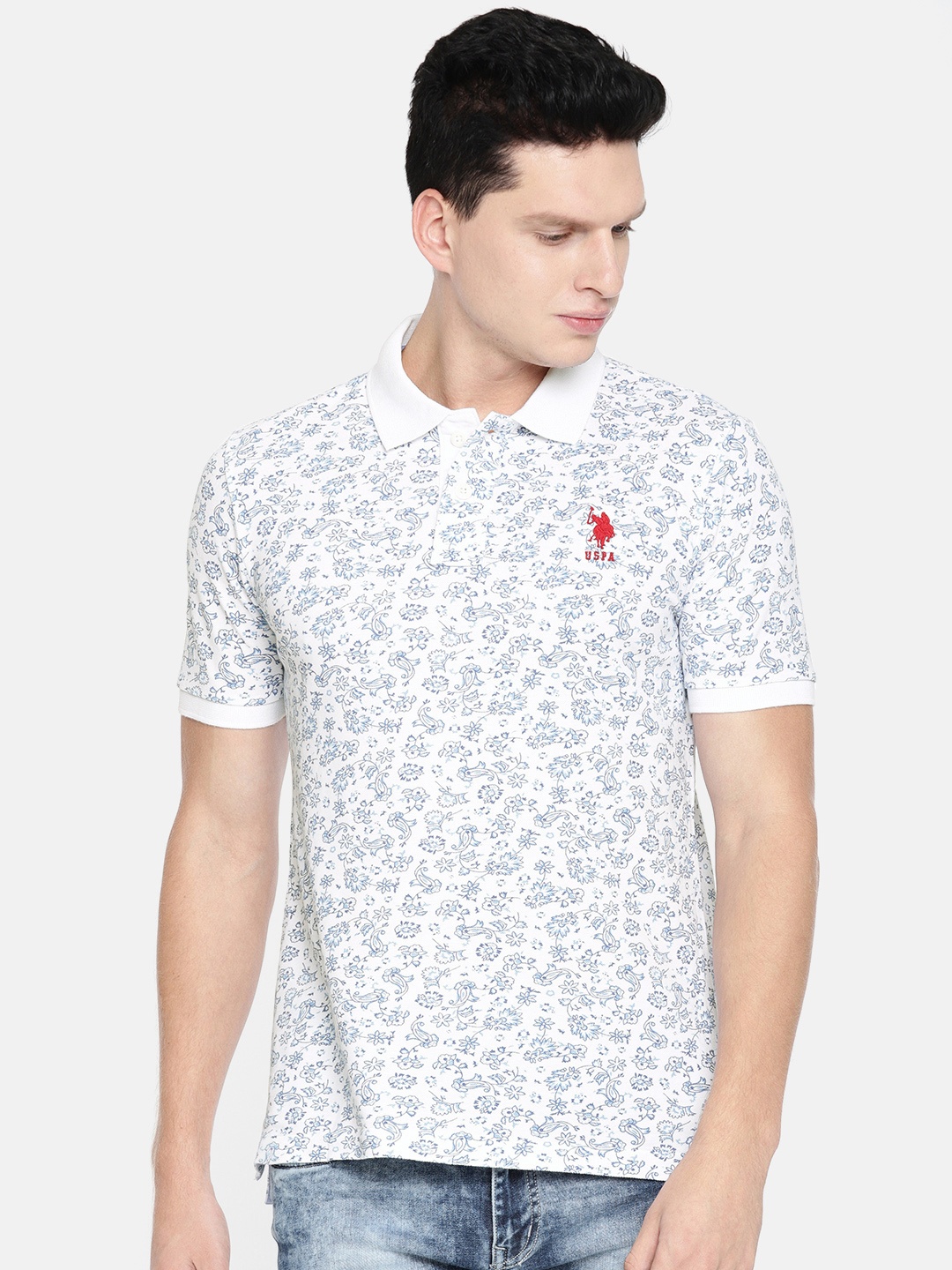 

U.S. Polo Assn. Men White Printed Polo Collar Pure Cotton T-shirt