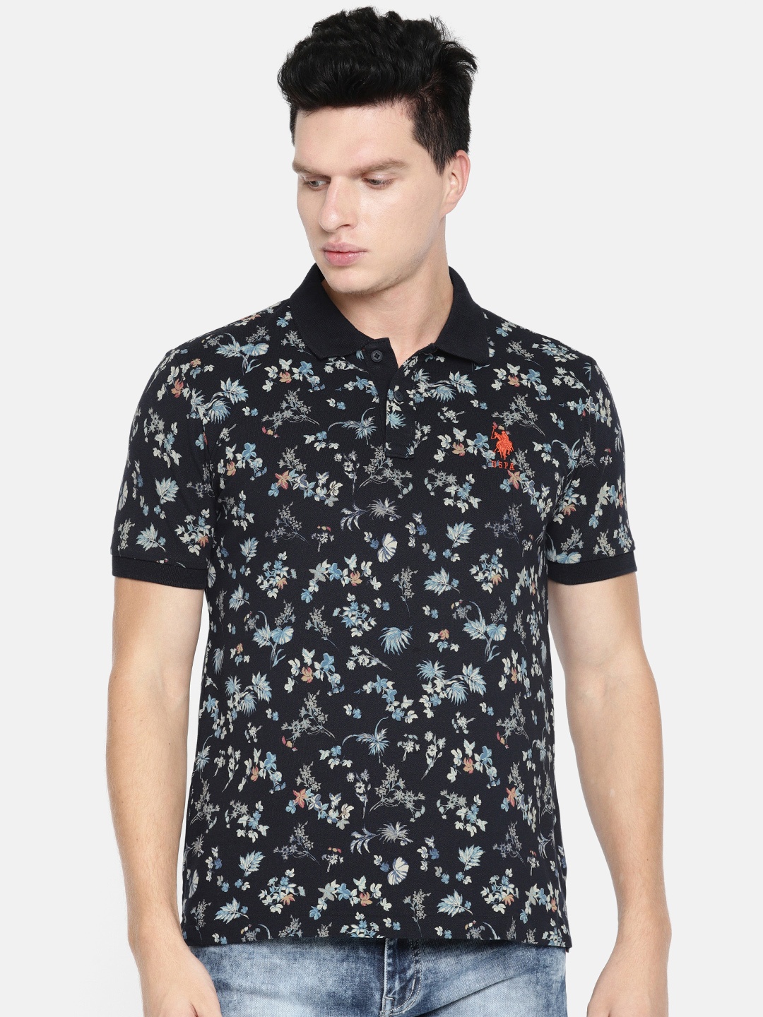 

U.S. Polo Assn. Men Navy Blue Printed Polo Collar T-shirt