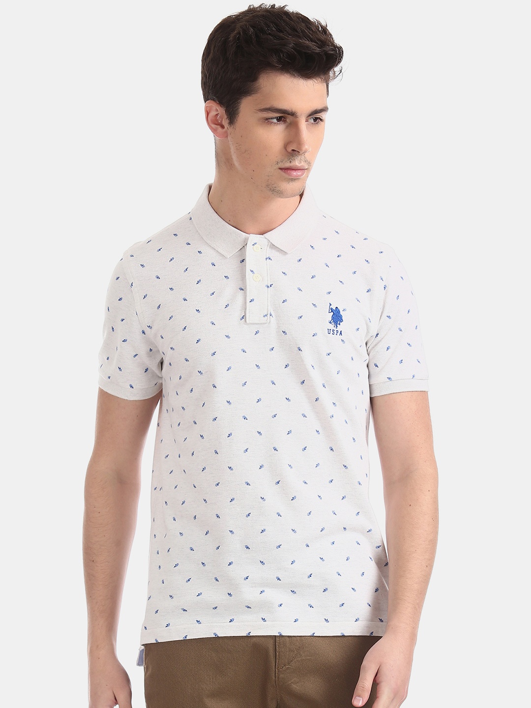 

U.S. Polo Assn. Men Off-White Printed Polo Collar Pure Cotton T-shirt