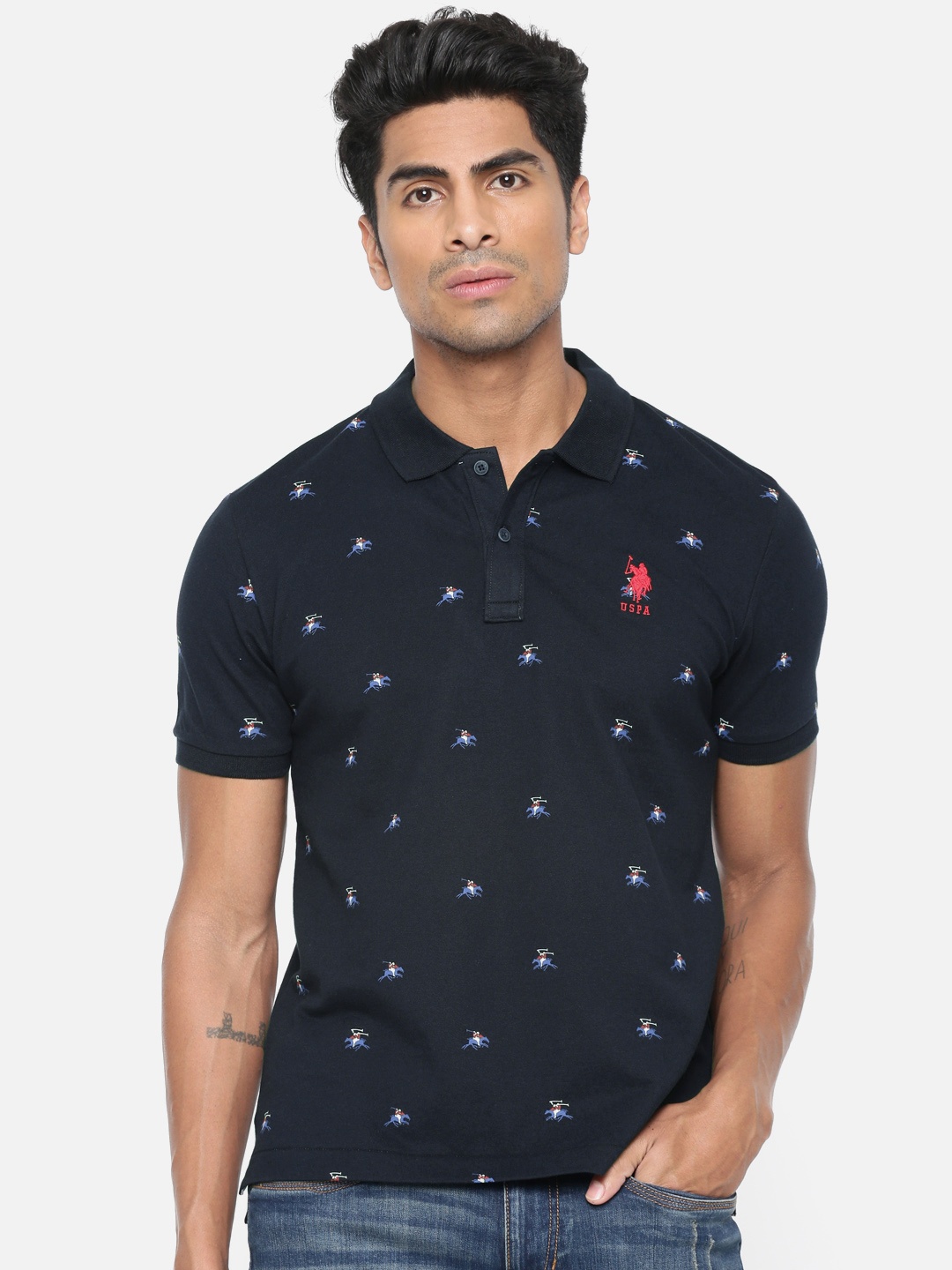 

U.S. Polo Assn. Men Navy Blue Printed Polo Collar T-shirt
