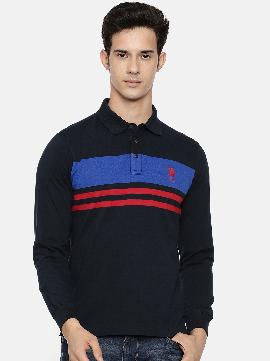 

U.S. Polo Assn. Men Navy Blue Red Striped Slim Fit Polo Collar Pure Cotton T-shirt