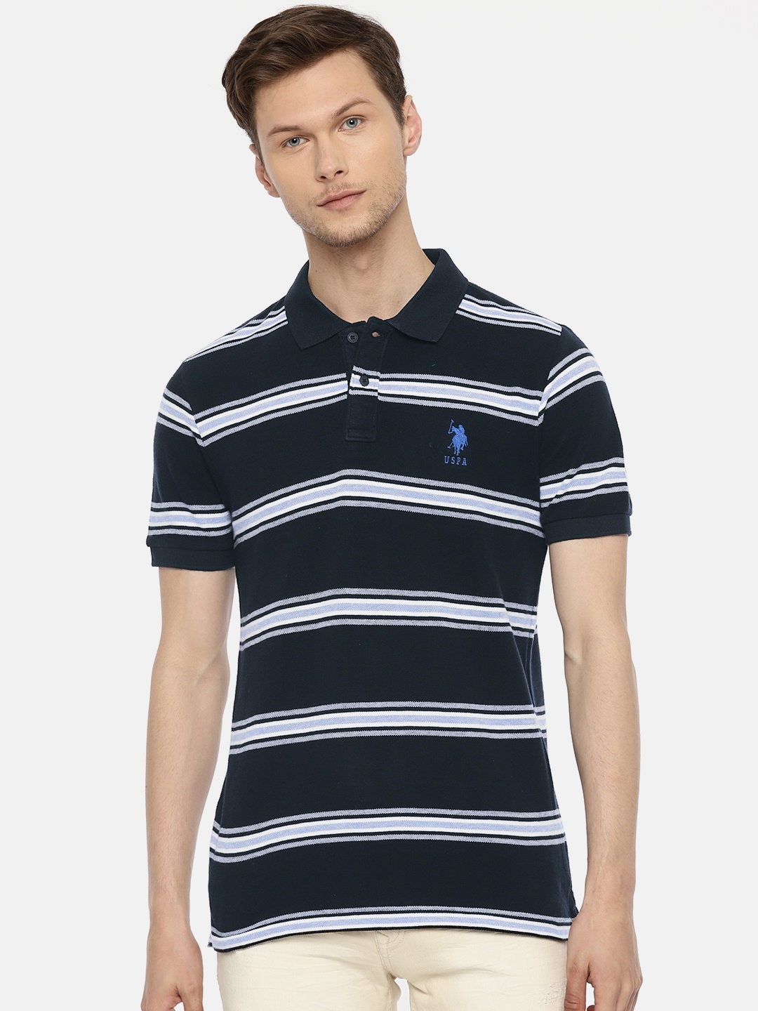 

U.S. Polo Assn. Men Navy Blue White Slim Fit Striped Polo Collar Pure Cotton T-shirt