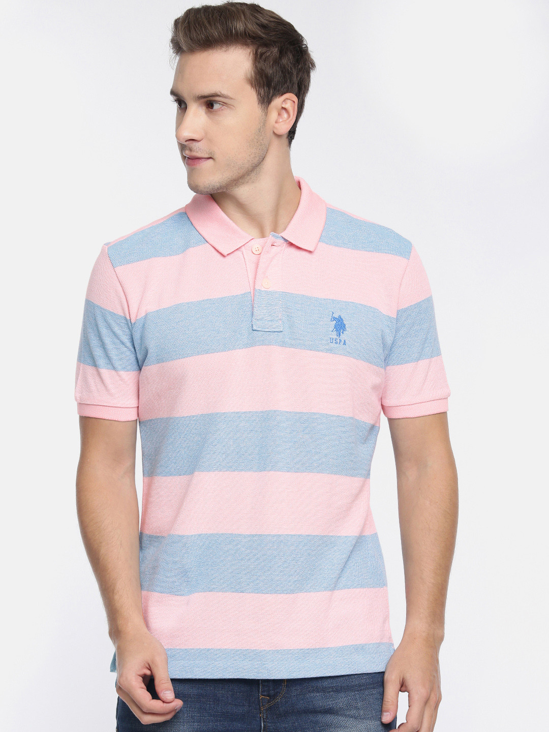 

U.S. Polo Assn. Men Pink Blue Striped Slim Fit Polo Collar Pure Cotton T-shirt
