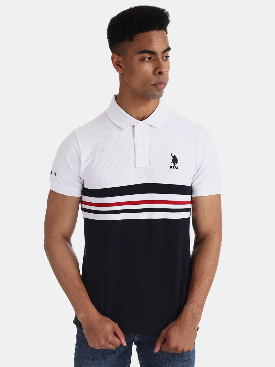 

U.S. Polo Assn. Men White Navy Blue Colourblocked Polo Collar Pure Cotton T-shirt