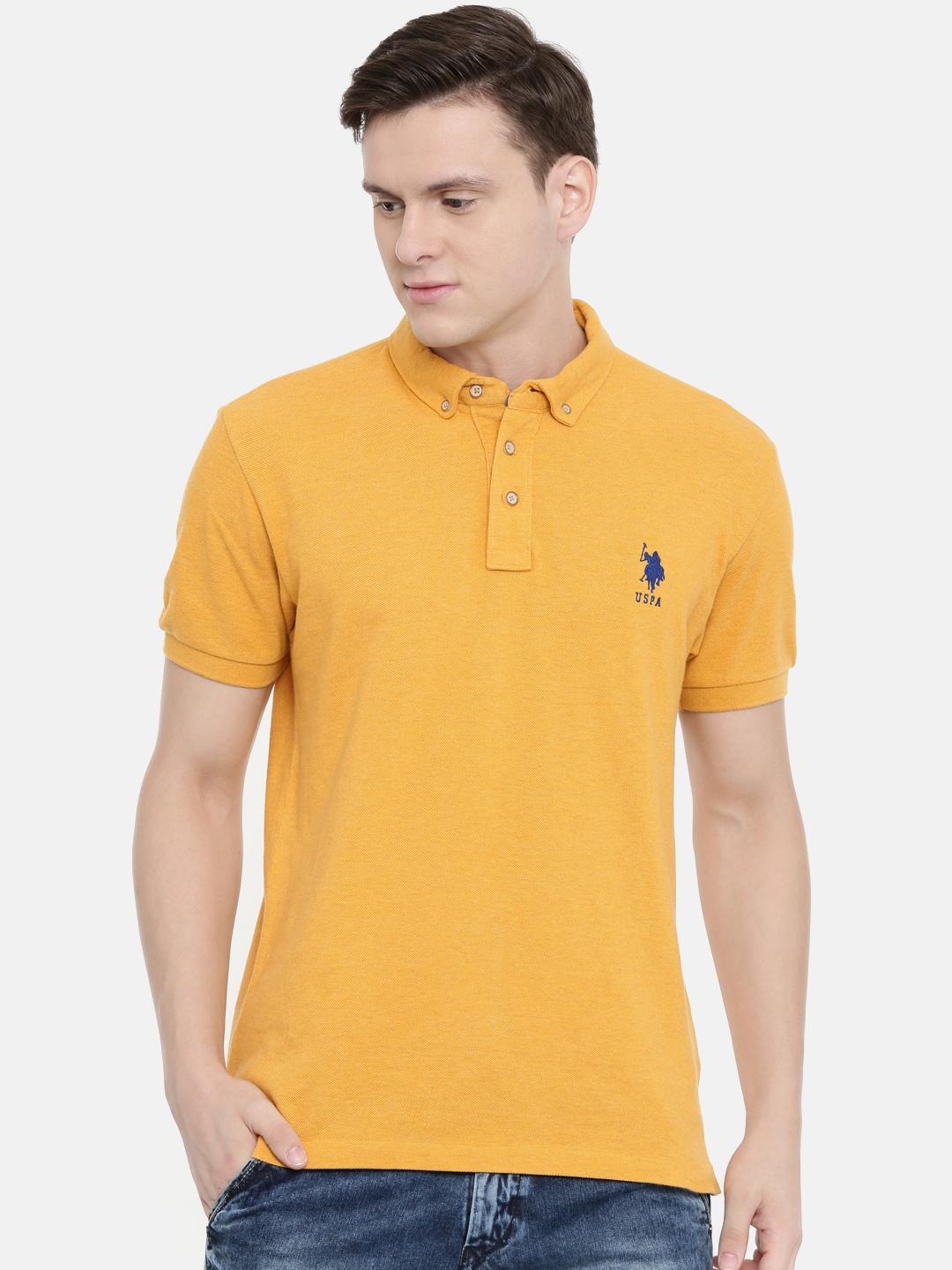 

U.S. Polo Assn. Men Mustard Yellow Solid Polo Collar Pure Cotton T-shirt