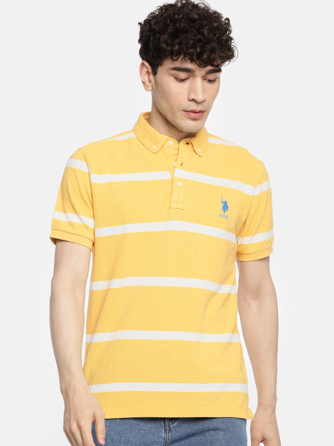 

U.S. Polo Assn. Men Yellow White Striped Slim Fit Polo Collar Pure Cotton T-shirt