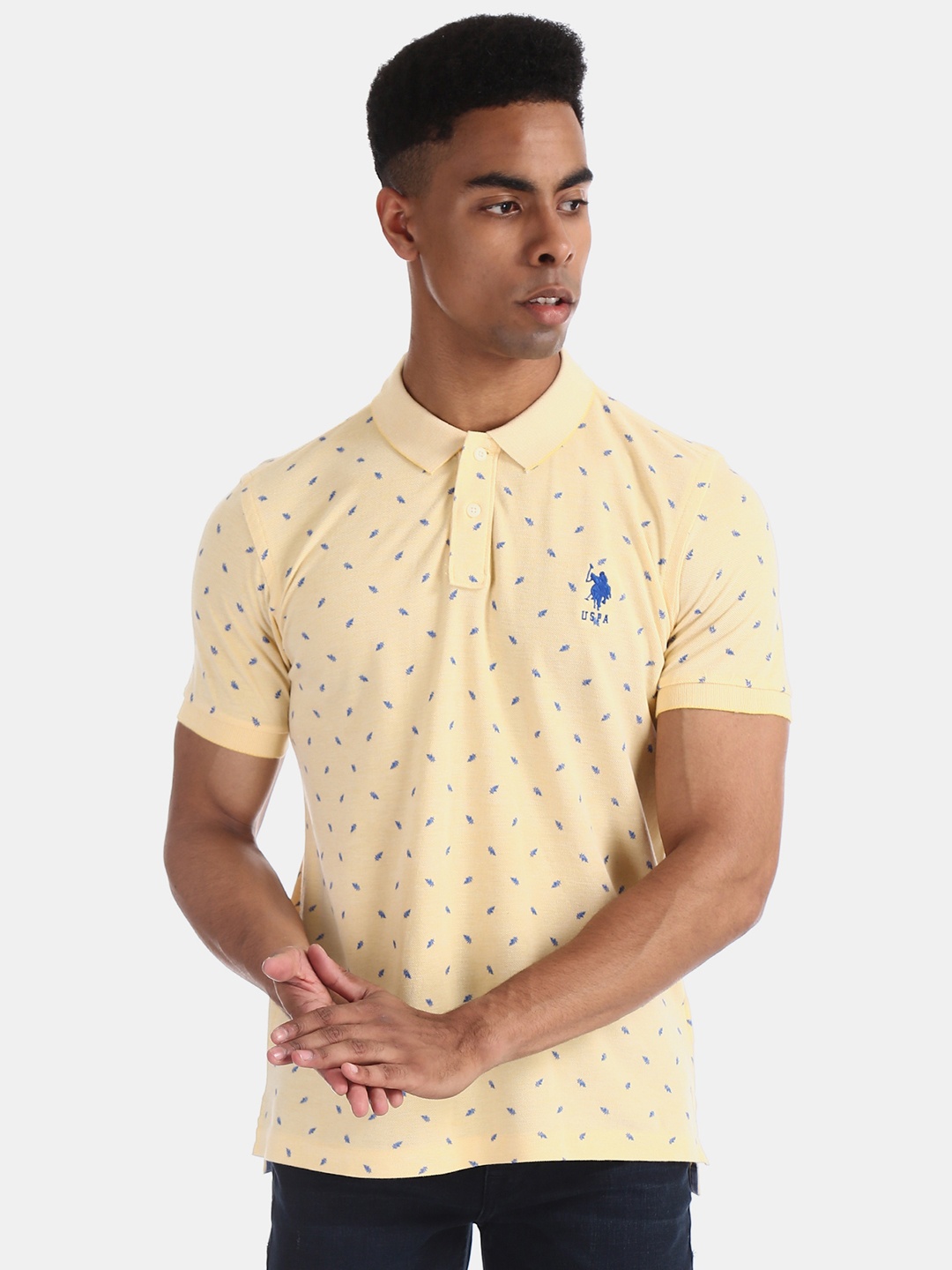 

U.S. Polo Assn. Men Yellow Printed Polo Collar Pure Cotton T-shirt