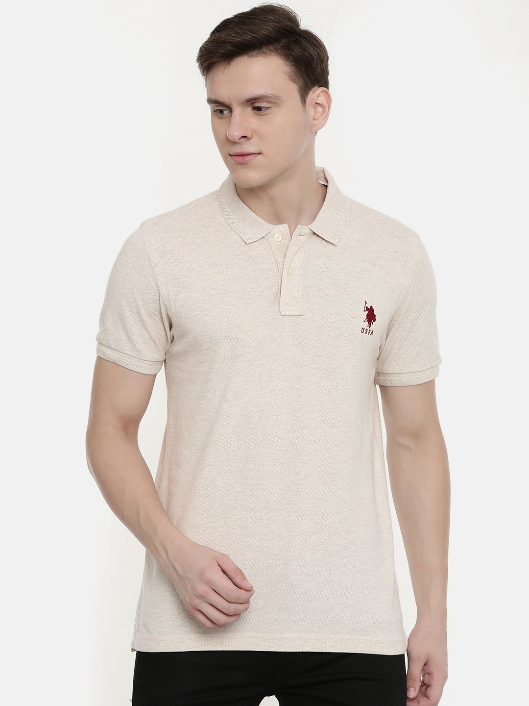 

U.S. Polo Assn. Men Beige Solid Polo Collar Pure Cotton T-shirt