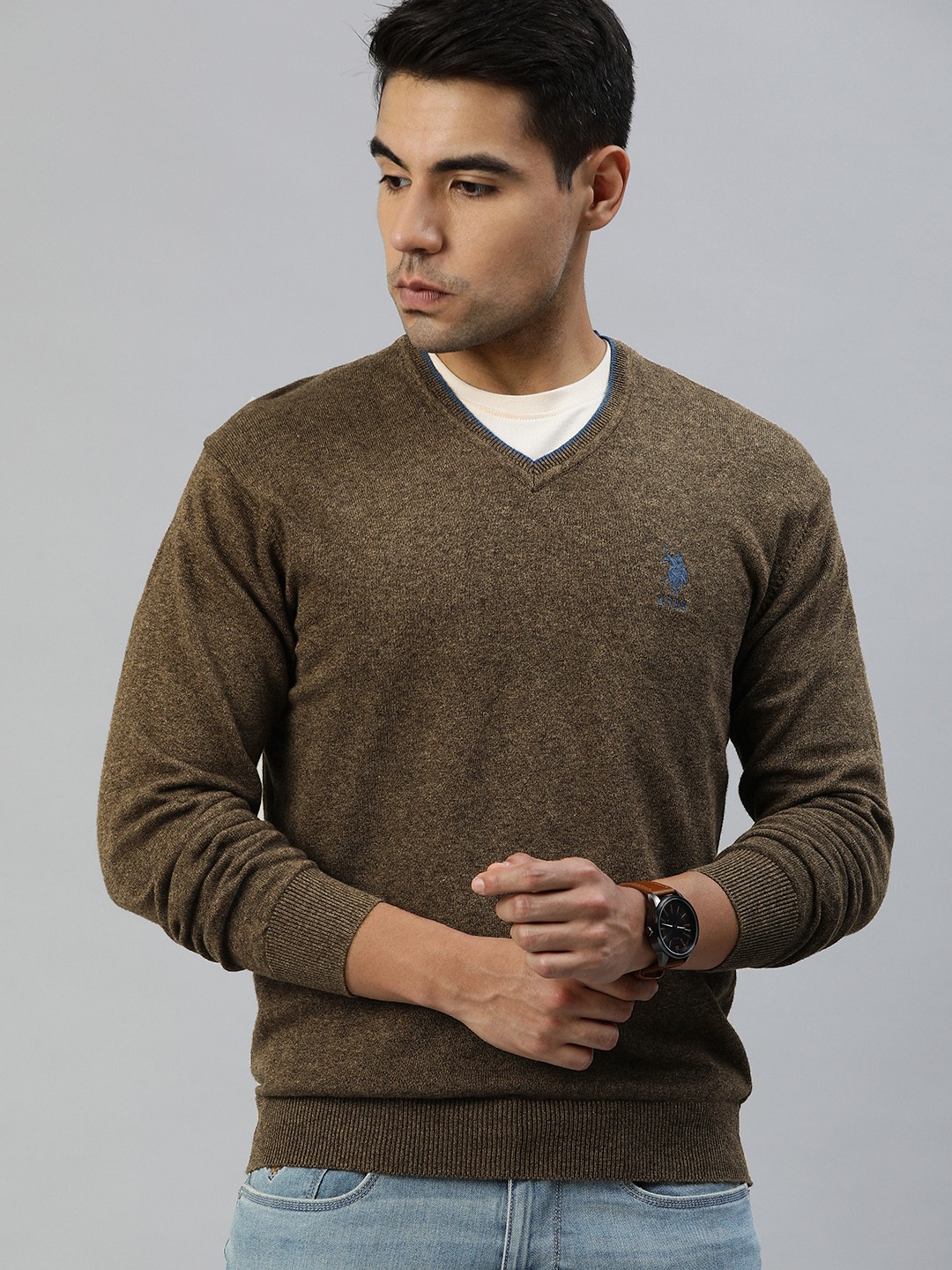 

U.S. Polo Assn. Men Olive Brown Solid Pullover Sweater