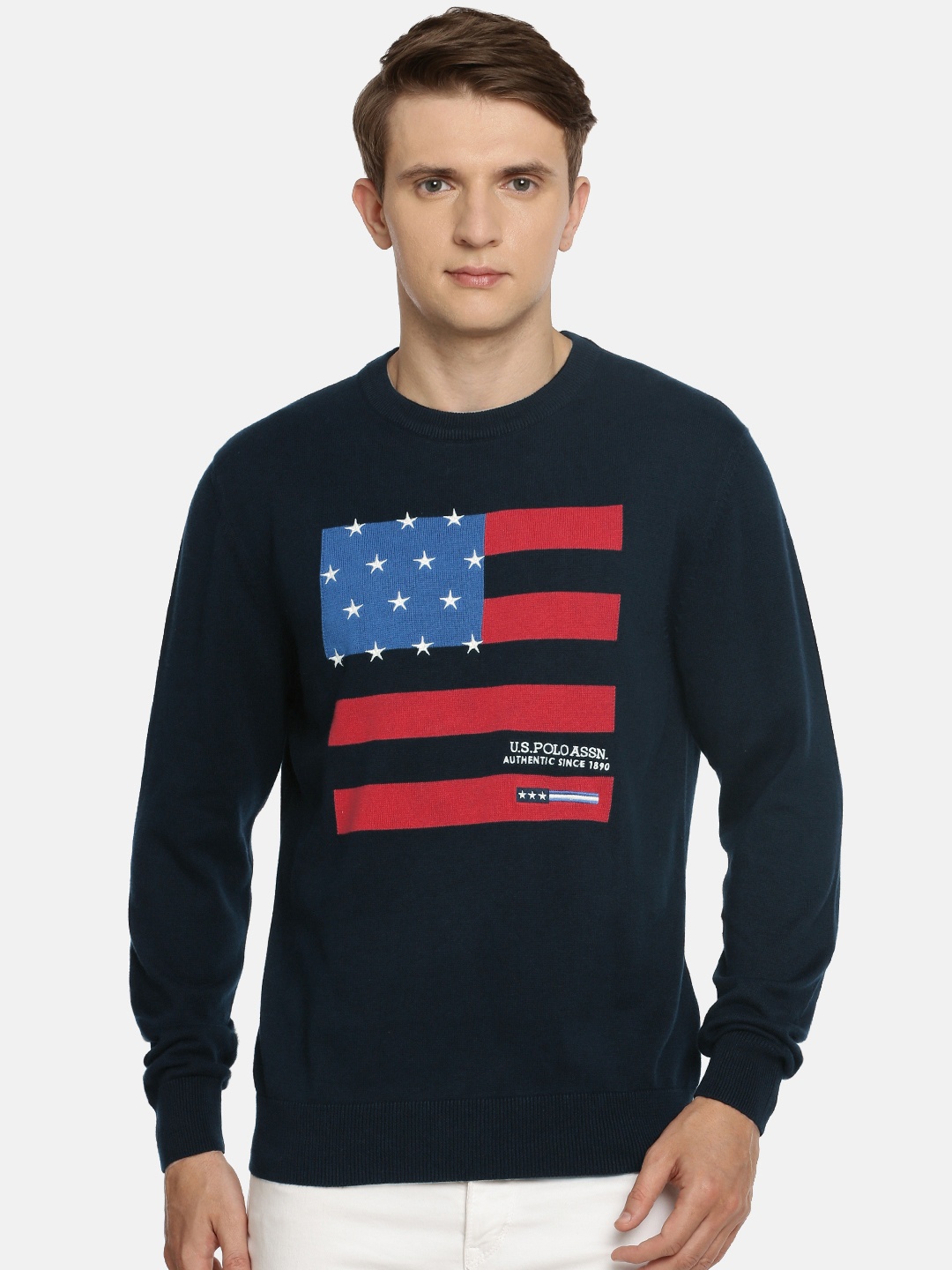 

U.S. Polo Assn. Men Navy Blue Printed Pullover Sweater