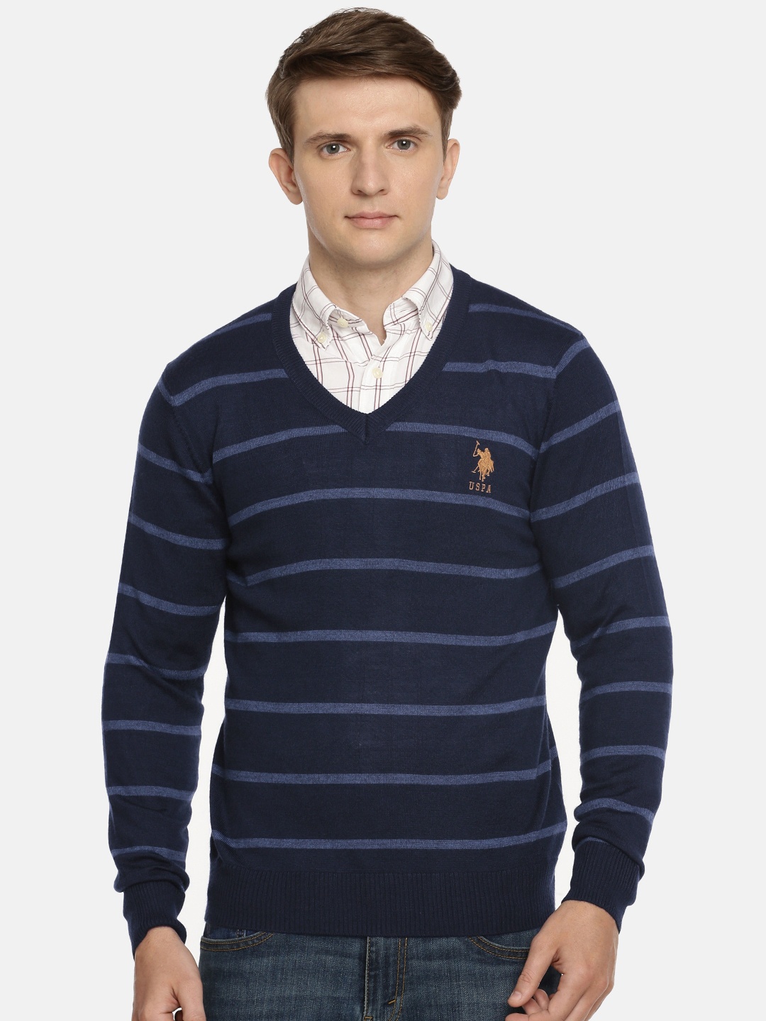 

U.S. Polo Assn. Men Navy Blue Striped Pullover Sweater