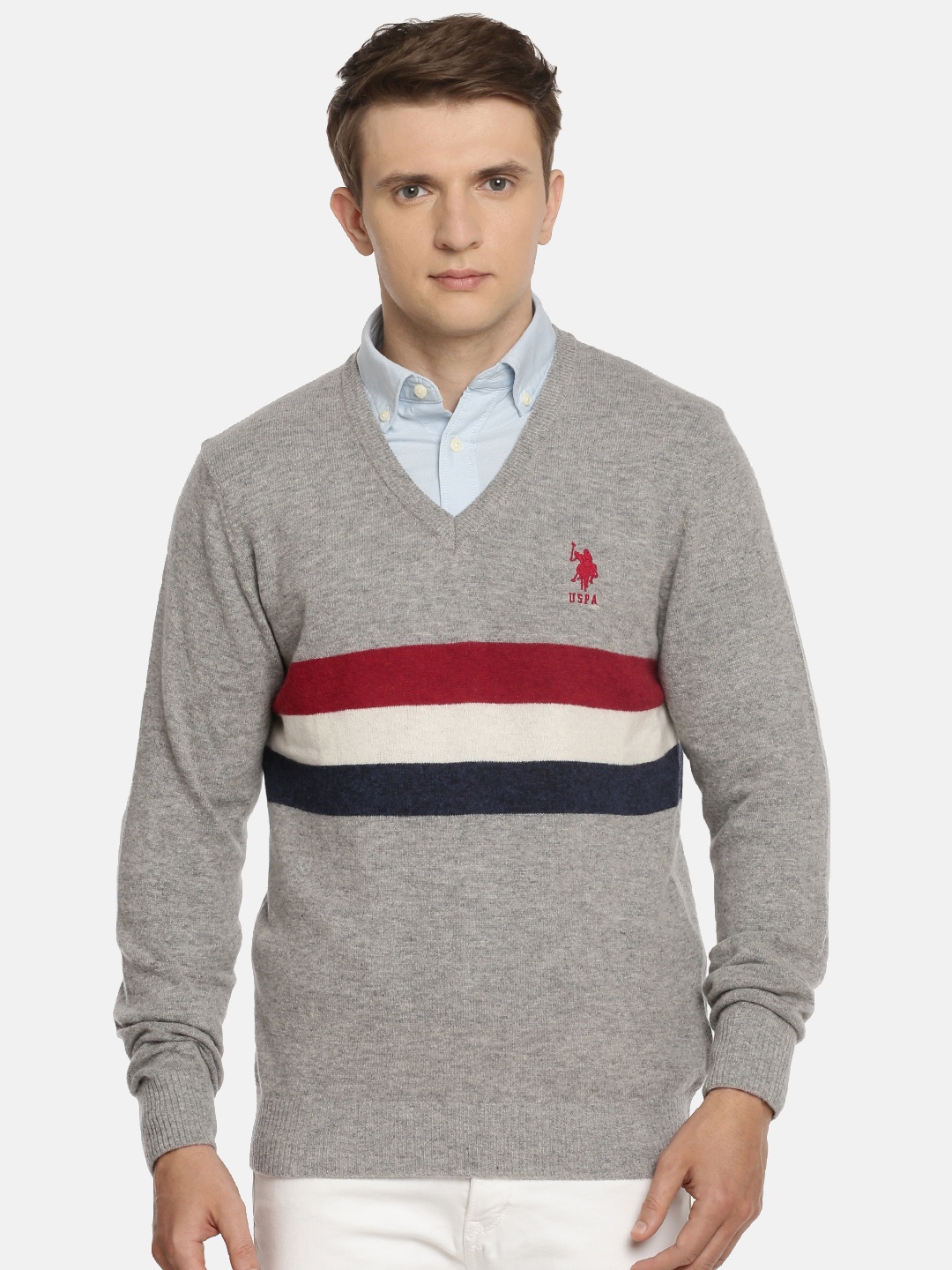 

U.S. Polo Assn. Men Grey & Red Striped Pullover Sweater