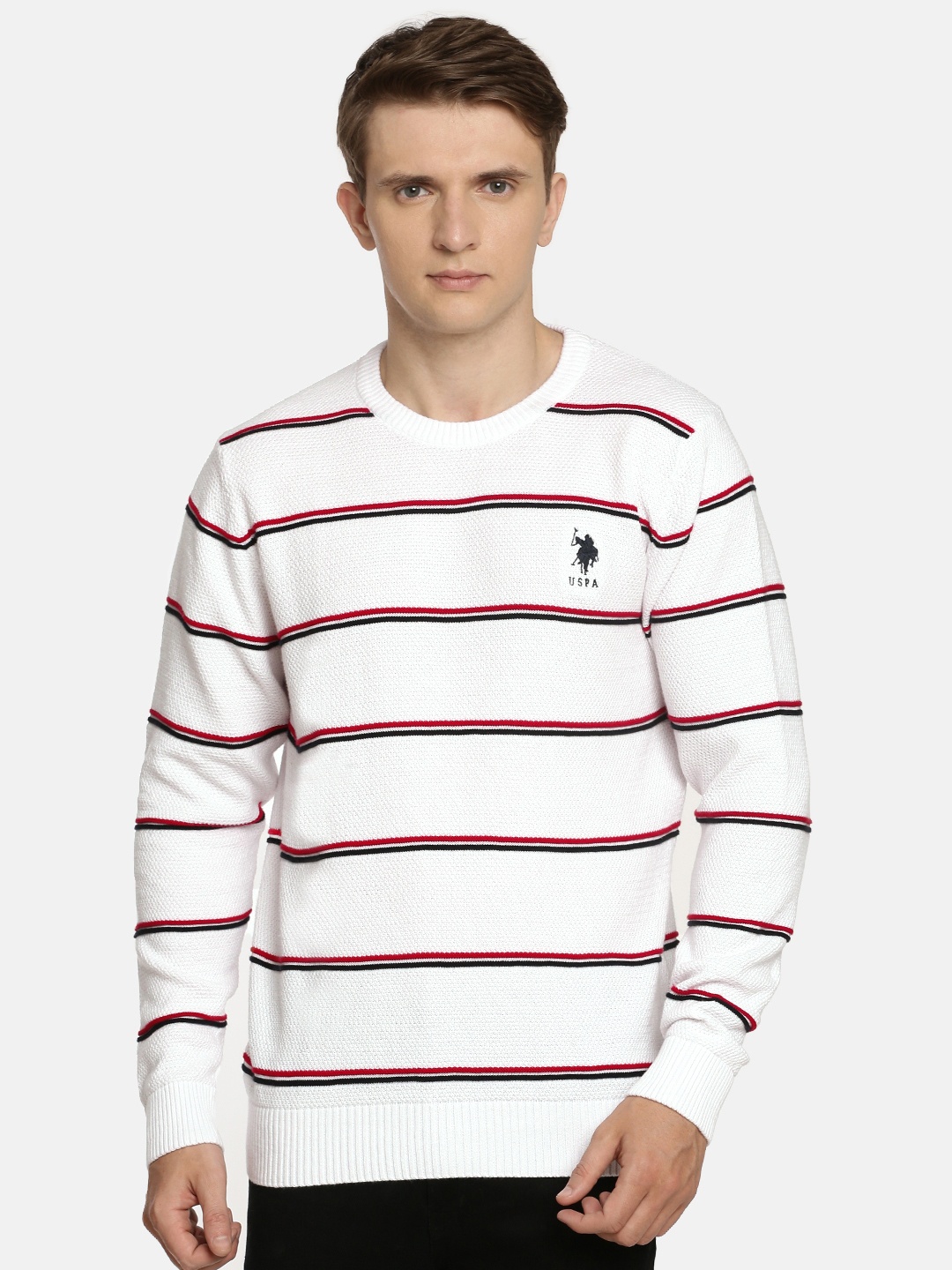 

U.S. Polo Assn. Men White & Red Striped Pullover Sweater