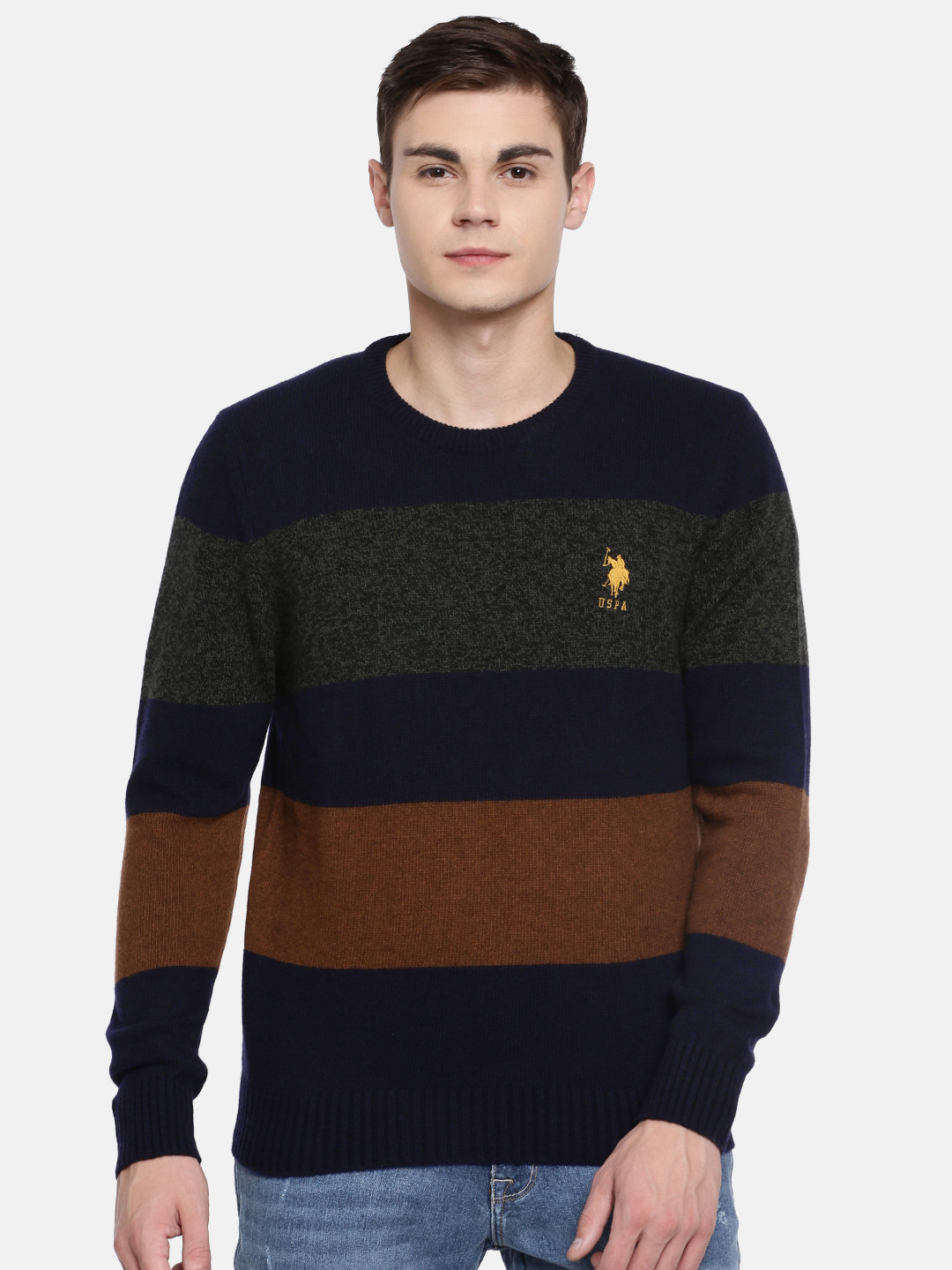 

U.S. Polo Assn. Men Navy Blue & Brown Colourblocked Pullover Sweater