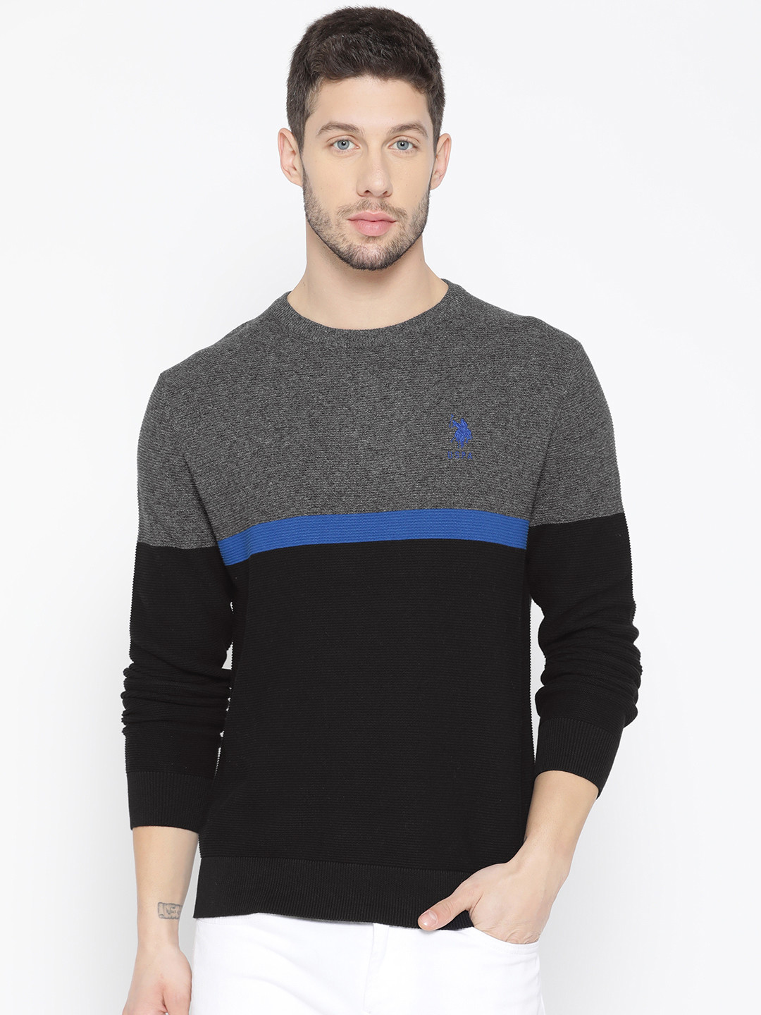 

U.S. Polo Assn. Men Black & Charcoal Grey Colourblocked Sweater