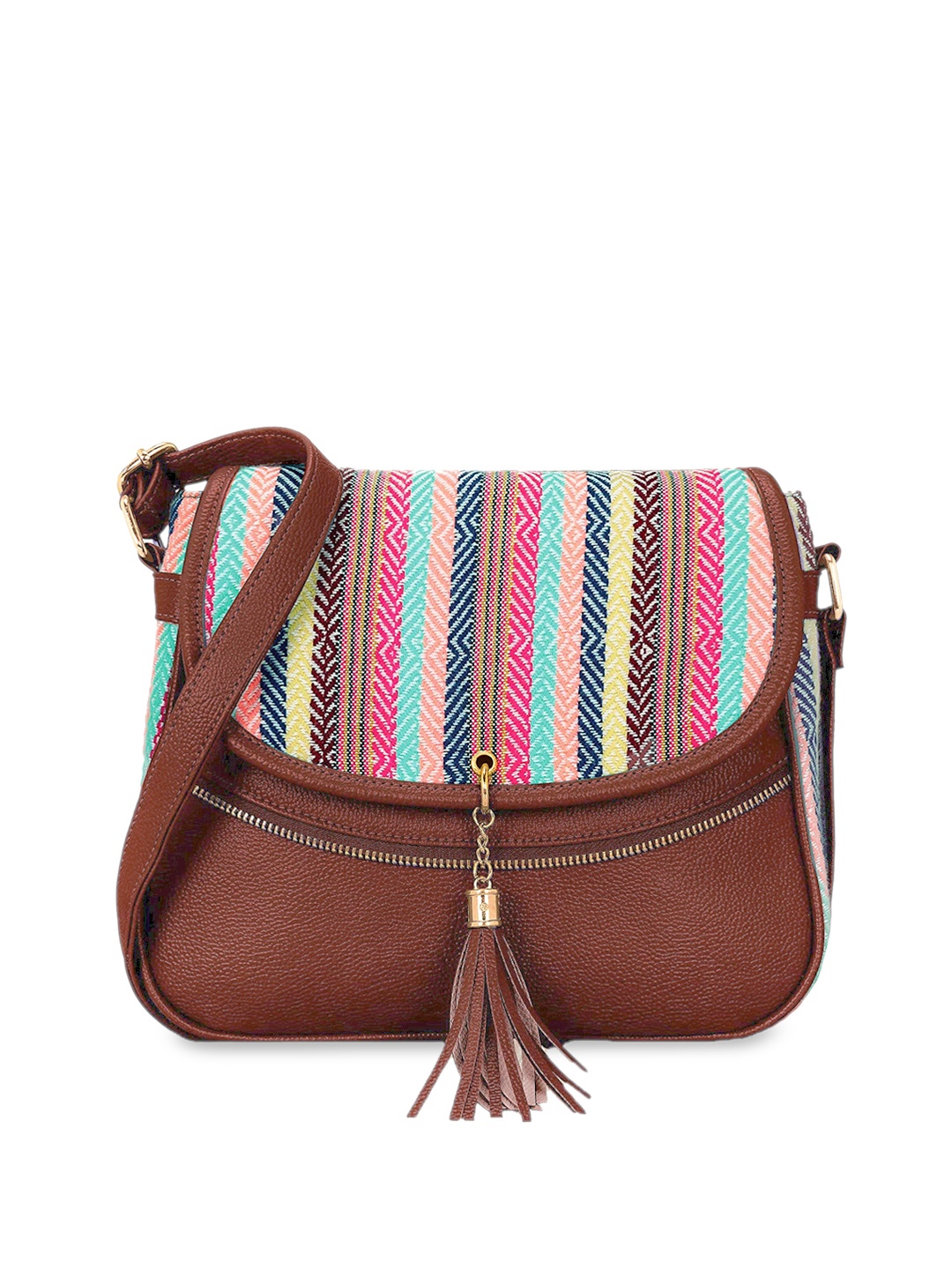 

KLEIO Women Brown Striped Jacquard Half Moon Sling Bag with Tasselled