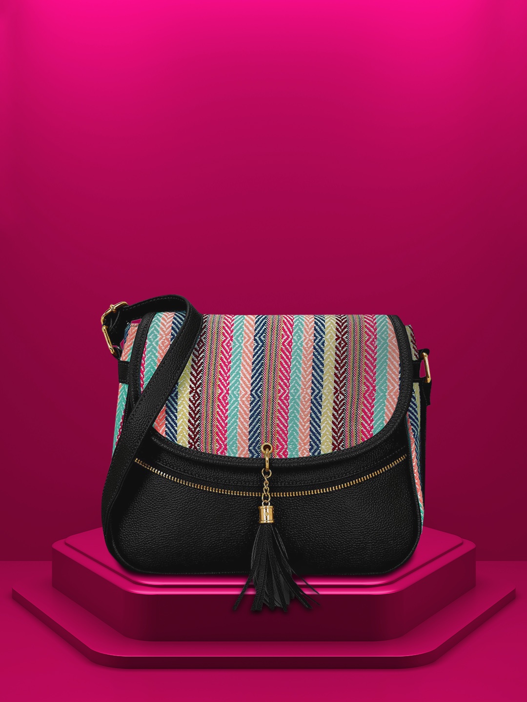 

KLEIO Black Jacquard Half Moon Sling Bag with Tasselled