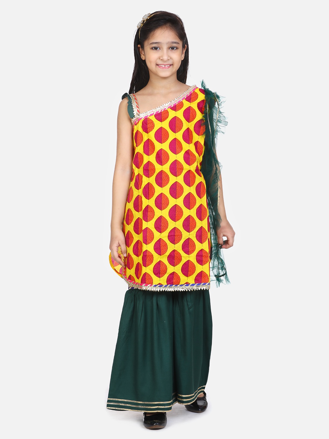 

LilPicks Girls Yellow & Green Printed Kurta with Sharara & Dupatta