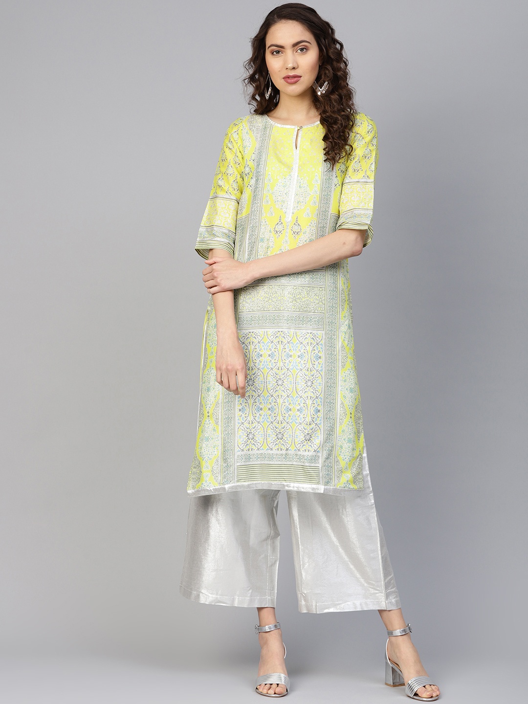 

W Women Yellow & Silver Printed Straight Kurta
