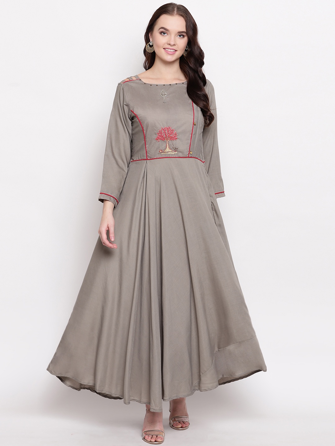 

Kvsfab Women Solid Grey Embroidered Maxi Dress
