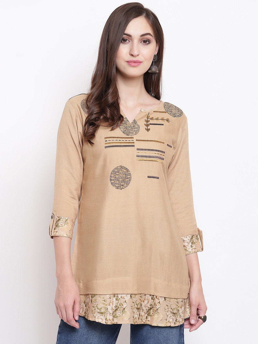 

Kvsfab Women Beige Solid A-Line Kurti