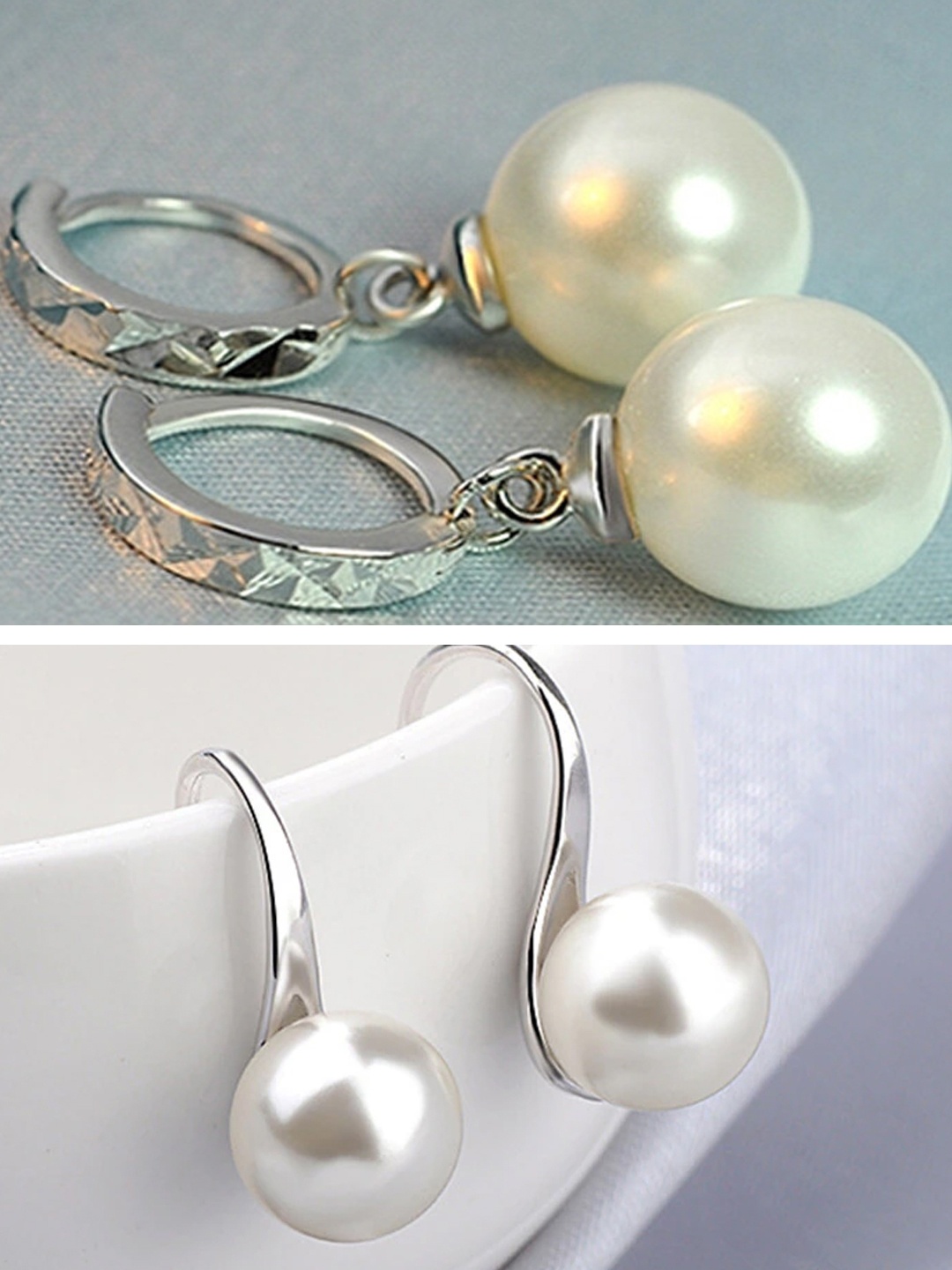 

OOMPH Set of 2 Silver-Plated White Pearl Embellished Drop Earrings