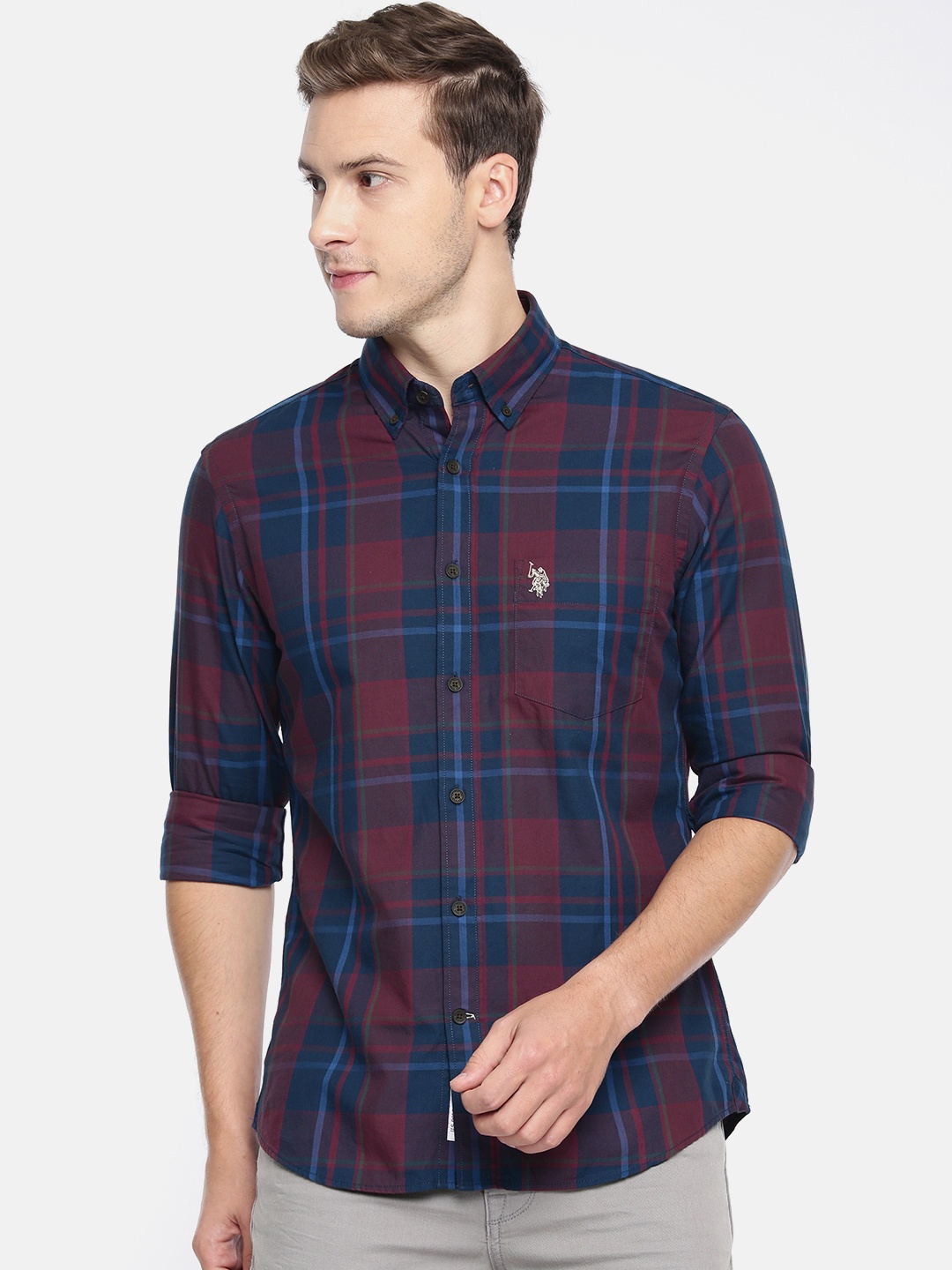

U.S. Polo Assn. Men Maroon & Navy Blue Tailored Fit Checked Casual Shirt
