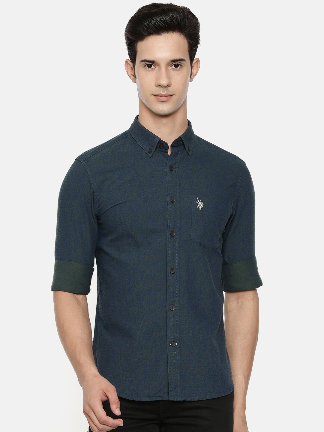 

U.S. Polo Assn. Men Green & Navy Blue Tailored Fit Printed Casual Shirt