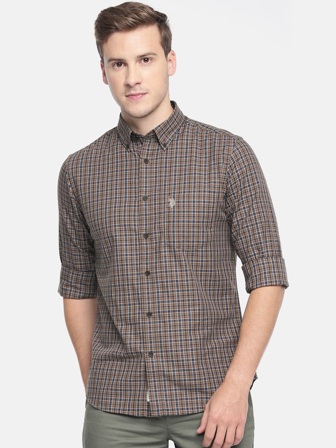 

U.S. Polo Assn. Men Brown & Blue Checked Regular Fit Casual Shirt