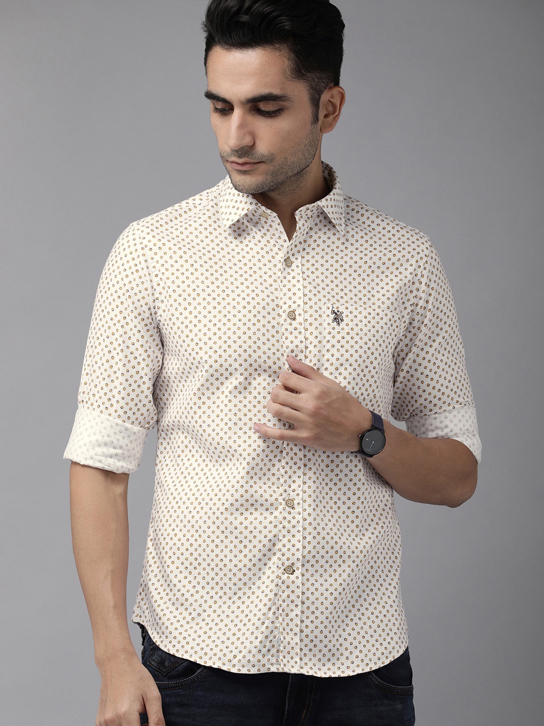 

U.S. Polo Assn. Men White & Mustard Yellow Regular Fit Printed Casual Shirt